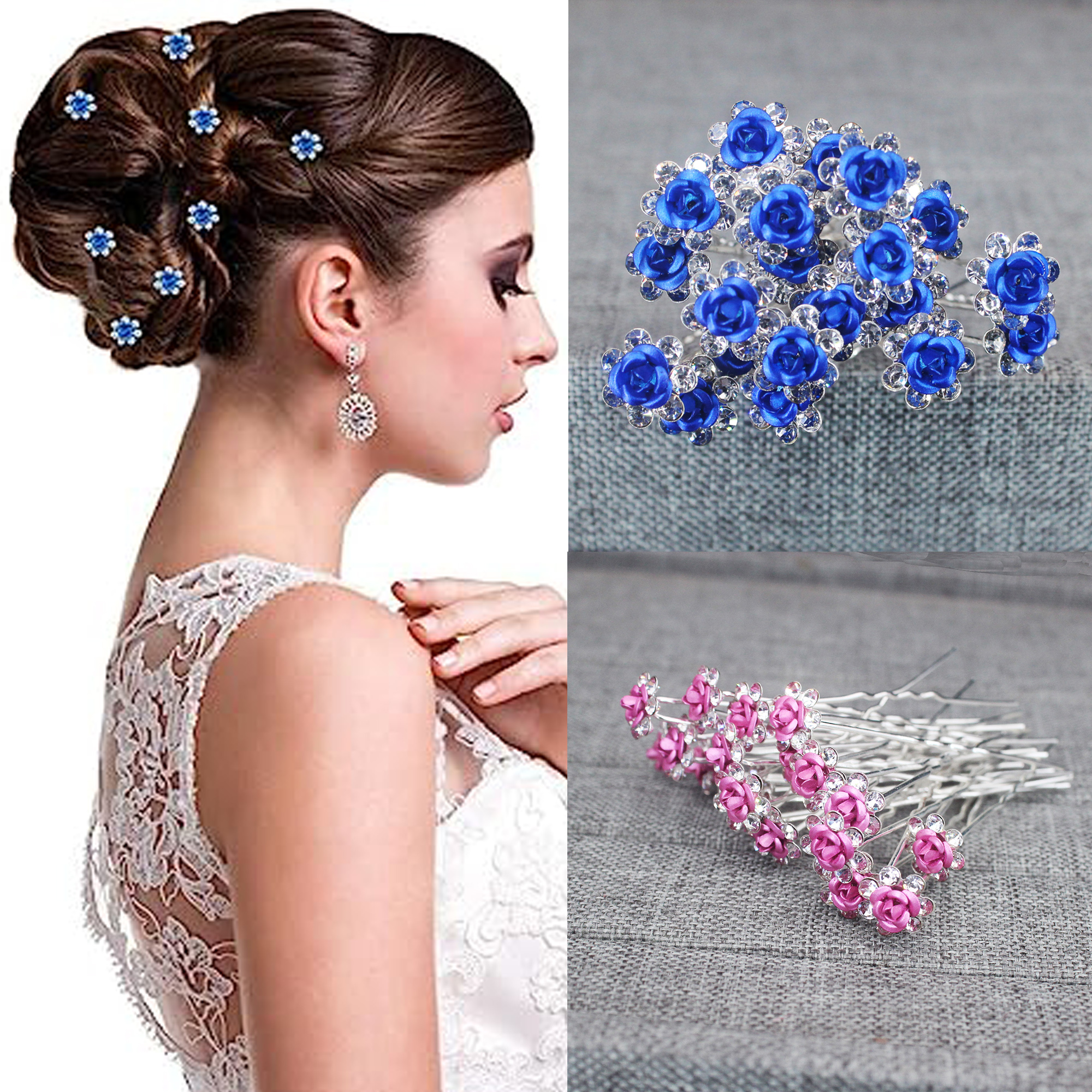 Flower Supplies - 20PCS Rose Flower Rhinestone Hairpins Crystal